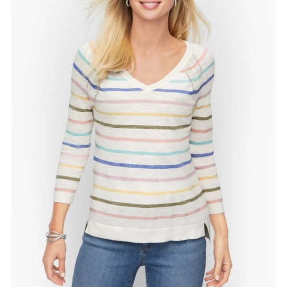 Talbots RAGLAN V-NECK HIGH-LOW SWEATER - FADED STRIPE COTTON WOMEN L - Picture 8 of 9